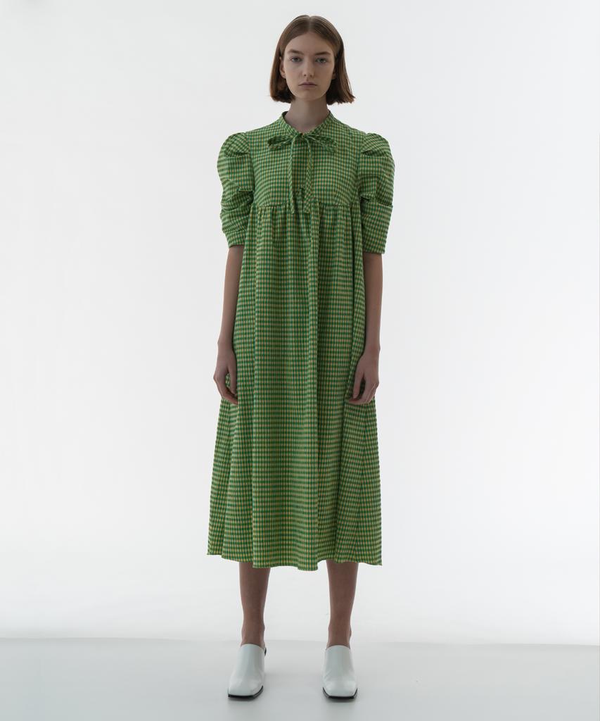 Biscuit Shop Check Pattern Shirred Ribbon Dress