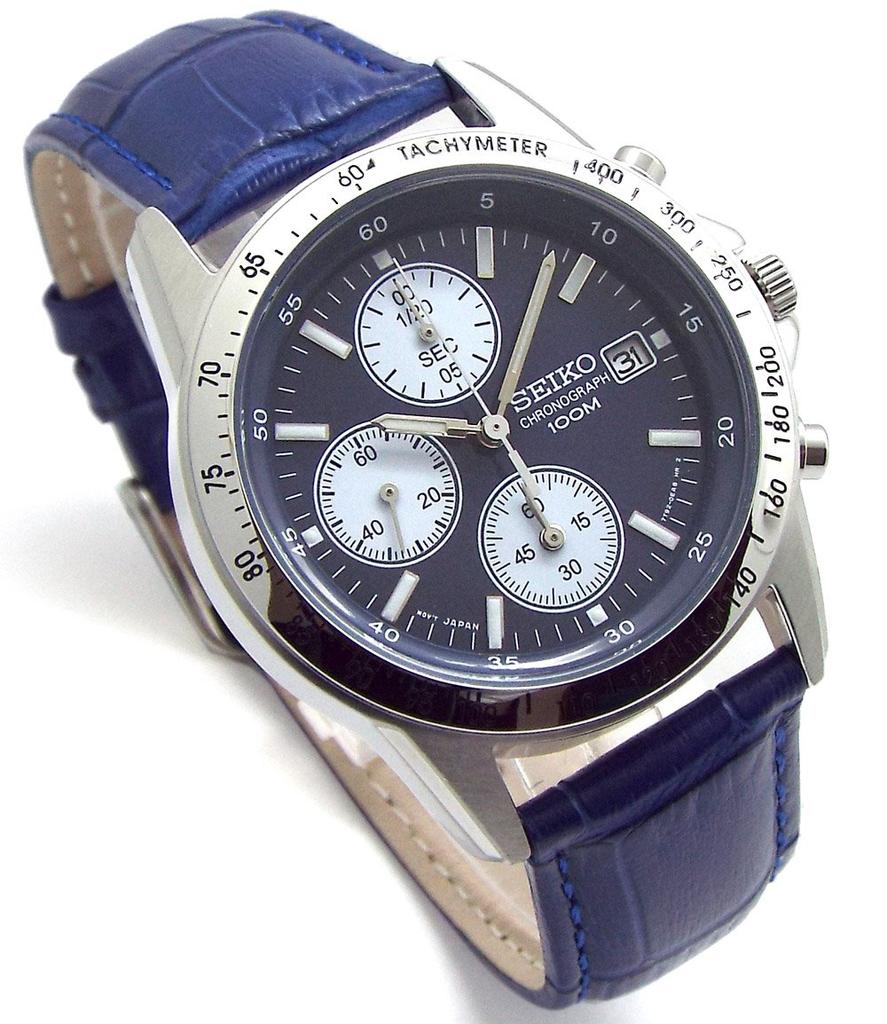Seiko Часы-хронограф с ремешком из натуральной кожи темно-синего цвета, официально поставляемые в Японию ремешком Seiko, синий, SND365P1-BL