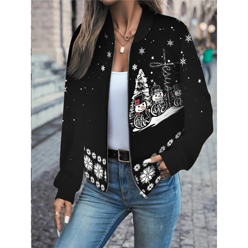 Womens Casual Zip-Up Jacket With 3D Letter Print Fashion Lightweight Outerwear Daily Wear