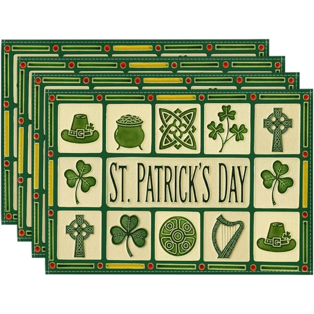 4/6pcs Celtic Cross Shamrocks Harp St. Patrick'S Day Placemats, 12X18 Inch Lucky Irish Spring Table Mats for Party Kitchen Dining Decoration