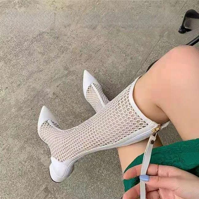 Fashion Women's Summer Boots 2025 Thick Heel Mesh Boots Pointed Mid-heel High Boots New Gladiator Zipper Breathable Long Sandals