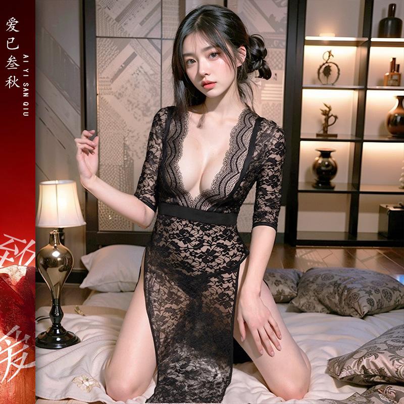 Sexy Lingerie Sexy Secretary Wear Abstinence Uniform Free Cosplay Large Size Stepmom Skirt Deep V Perspective Long Dress