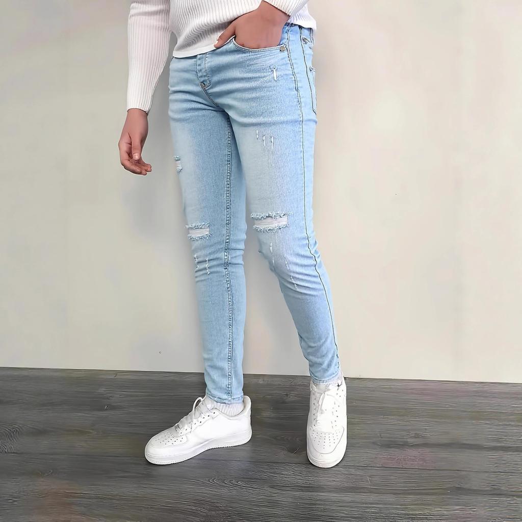 Summer New Men'S Slim-Fit Ripped Jeans Elastic Trousers Men'S Pants Light Blue