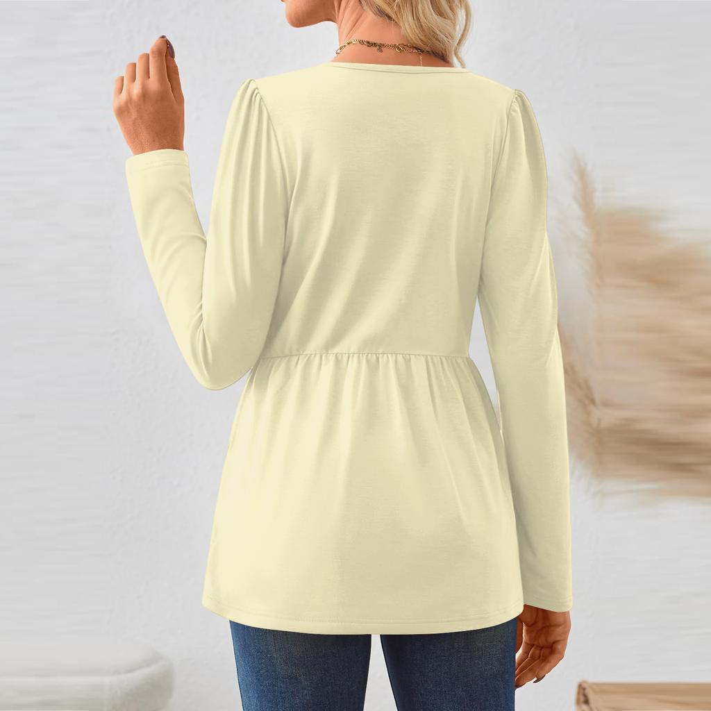 Women's Casual Fashion Long Sleeve Shirt Solid Color Tunic Top