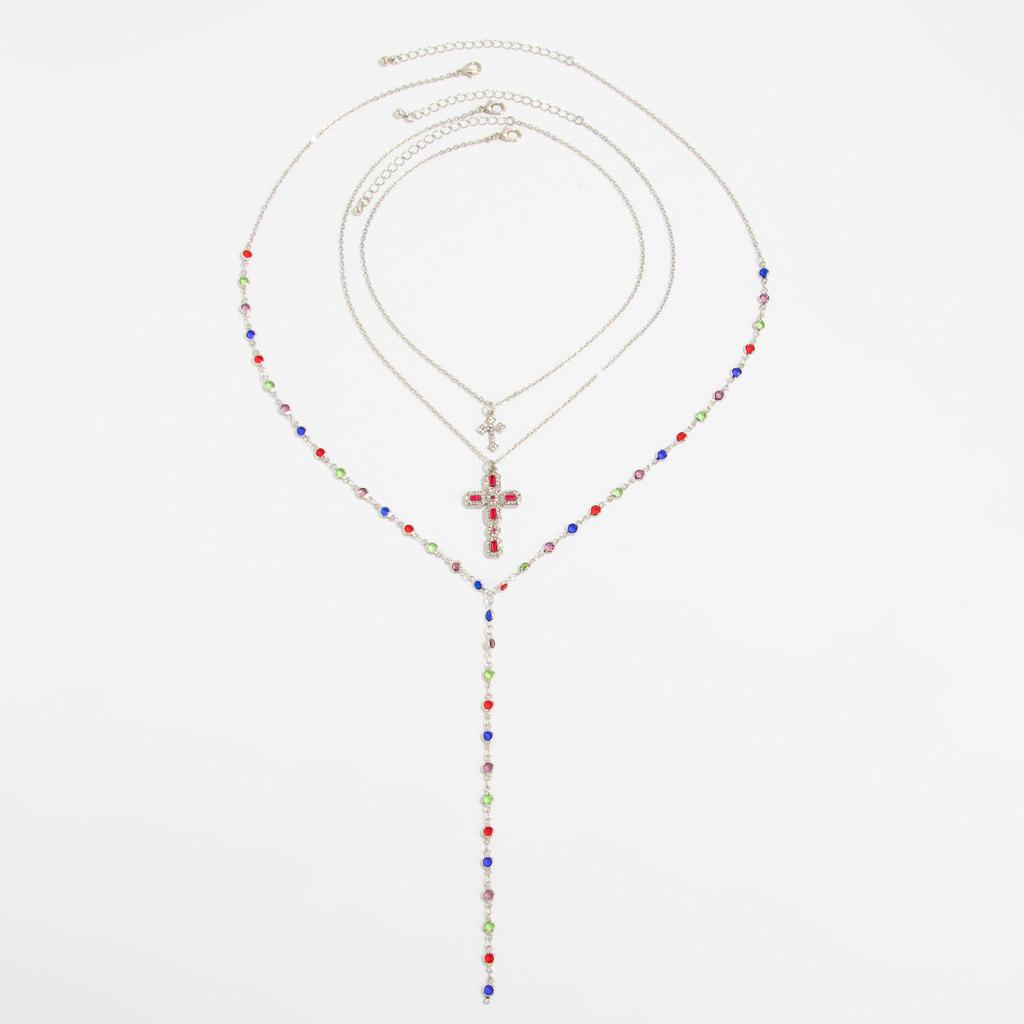 3Pcs/Set Colorful Crystal Cross Pendant Necklace for Men Hip Hop Adjustable Choker Collar Chain Christian Jewelry Accessories