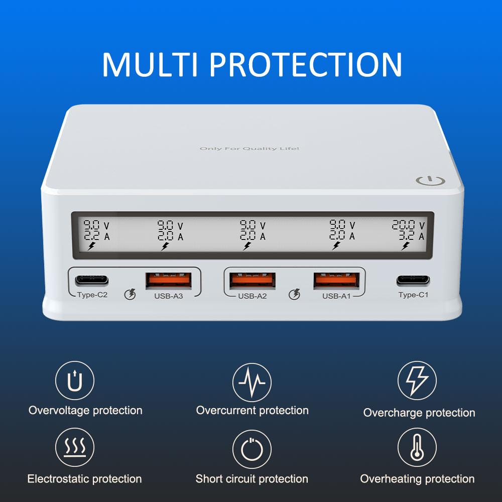Настенное зарядное устройство USB 110 Вт 5-портовая зарядная станция USB Многопортовое зарядное устройство USB-концентратор Компактный размер с ЖК-дисплеем