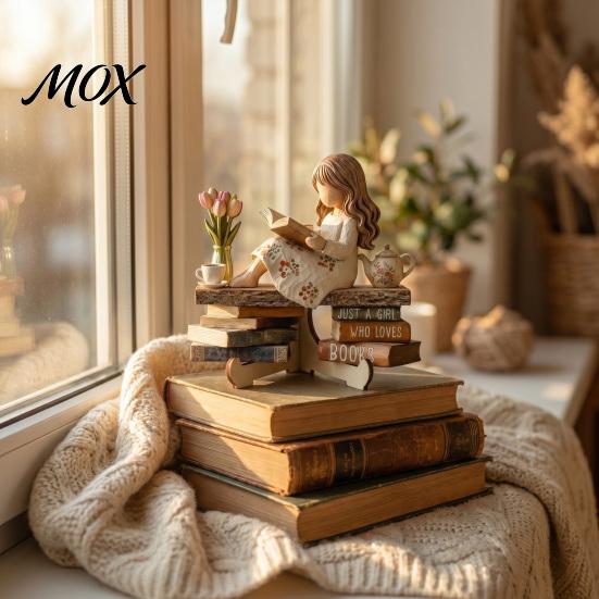 Wooden Girl Figurine for Bookshelf Reading Figurine, Stable Pastoral Style Statue Desktop Exquisite Decor Decor, Artistic Healing Ornament,