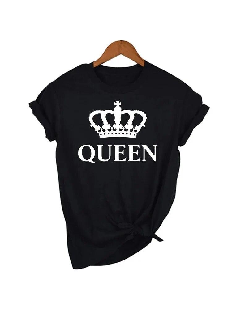 Футболка из 100% хлопка KING QUEEN с принтом Короны, черно-белые футболки, летние повседневные футболки для влюбленных пар, топы, одежда унисекс