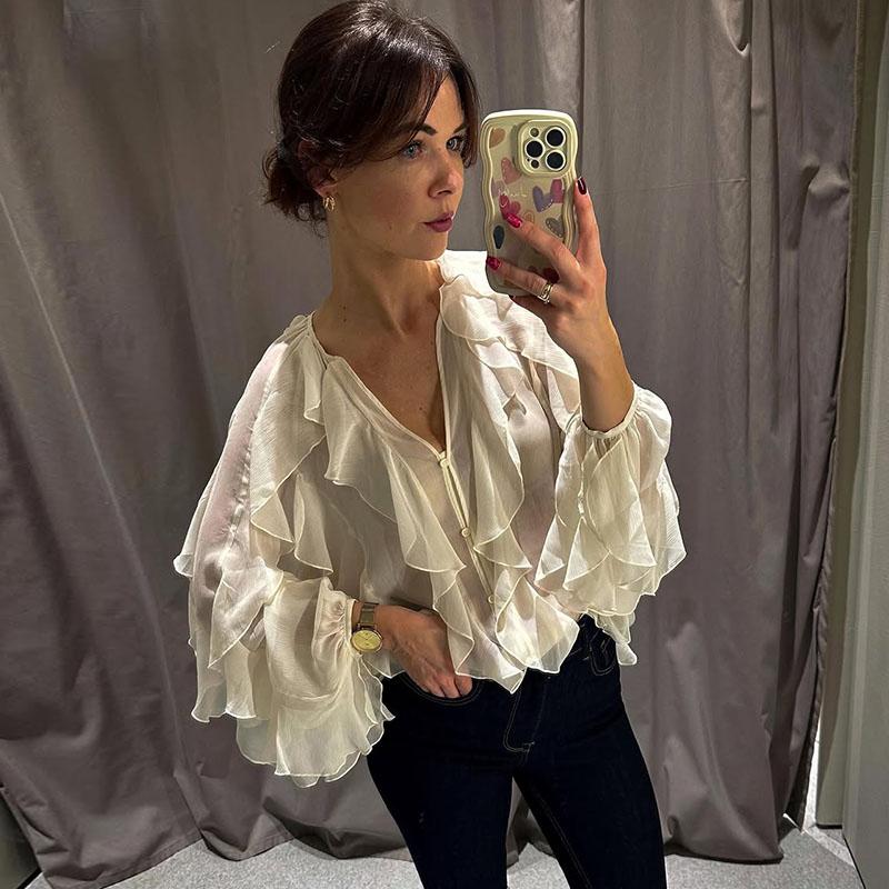 Chic Chiffon Ruffled Shirt Women Elegant Loose V-neck Long Sleeve Shirts Female 2025 Spring Vacation Street Lady Blouse Tops