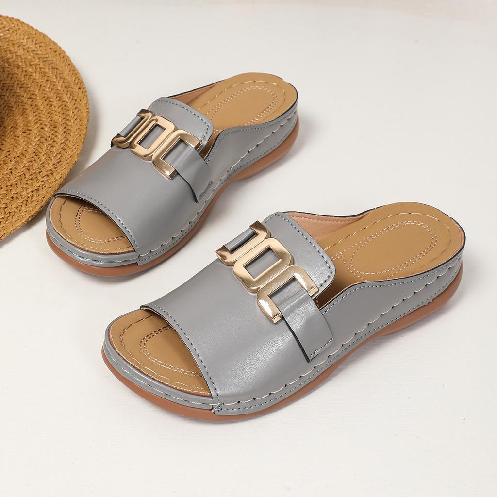 Шлепанцы на танкетке, толстой подошве, женские, 2025, новые, больших размеров, повседневные, модные, простые, с металлической пряжкой, сандалии с открытым носком