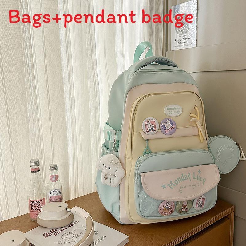 Simple Color Blocked Letter Pattern Student Backpack With Badge Pendant And