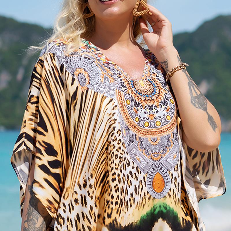 EDOLYNSA Printed Turkish Robe Bat Sleeve Summer Tunic Plus Size Swimwear Cover Up For Women's Swimwear Blue Kaftan Dresses Q1415