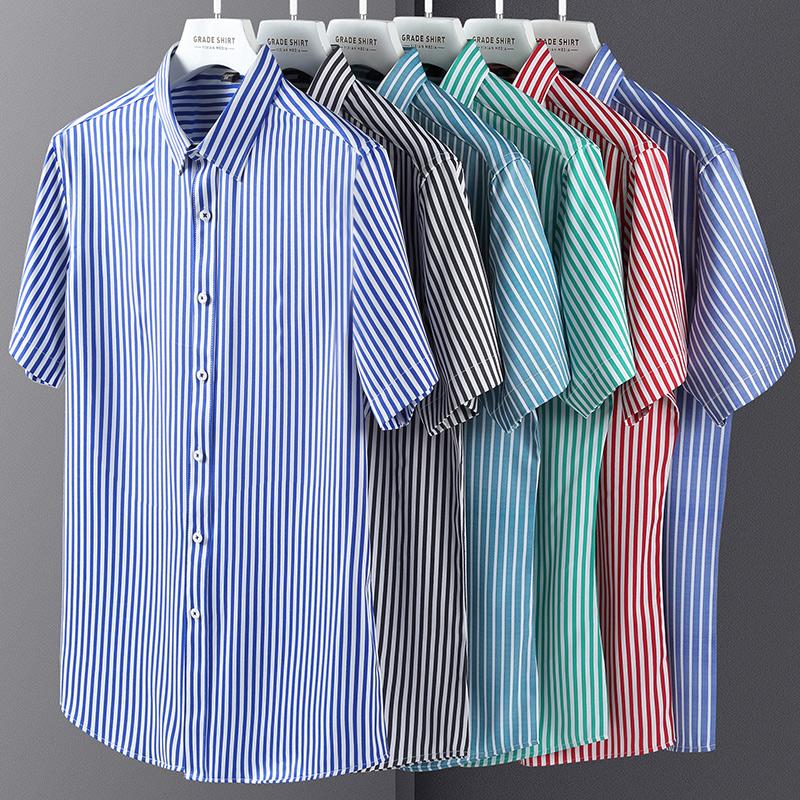 Short Sleeve Striped Men Stretch Work Shirt Non-Iron Summer Easy Care Male Tops Without Front Pocket