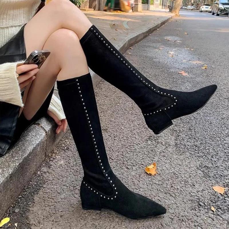 Модные балетки с острым носком женские ботинки челси до колена кожаная обувь осень зима новая мода сексуальные гладиаторские на молнии женские длинные боты