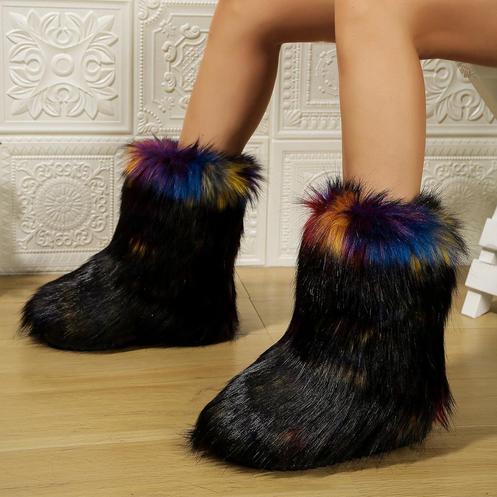 Women's Faux Fur Boots Fuzzy Fluffy Furry Round Toe Suede Winter Comfortable Plush Warm Short Snow Booties for Women Slip On Flat Shoes Mid-Calf Boots