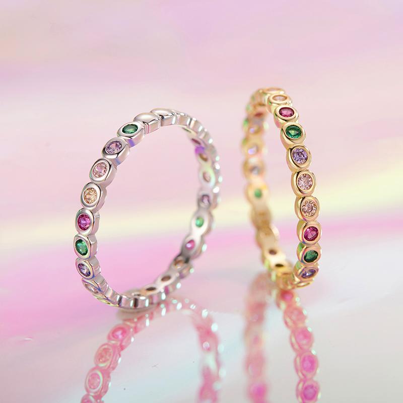 WOSTU 925 Sterling Silver Multicolor Zircon Eternity Ring for Women Rainbow CZ Stacking Band Rings Wedding Party Gift Anillos