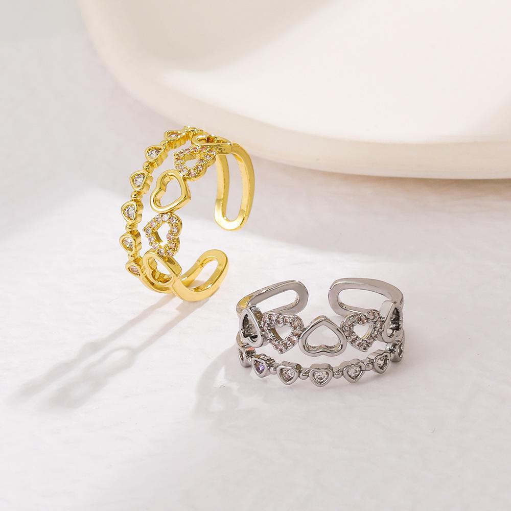 Европейское и американское двухслойное кольцо в форме сердца: Женская мода класса люкс с открытым дизайном, инкрустированным бриллиантами