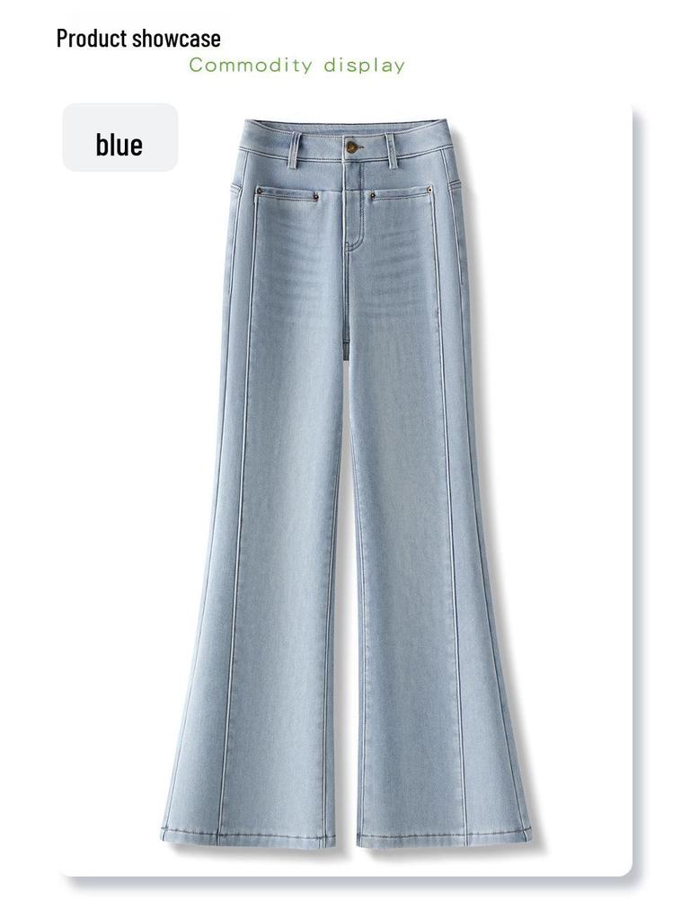 Women's 2024 Light Blue High-Waisted Retro Micro-Flare Jeans with Plus Velvet for Autumn/Winter