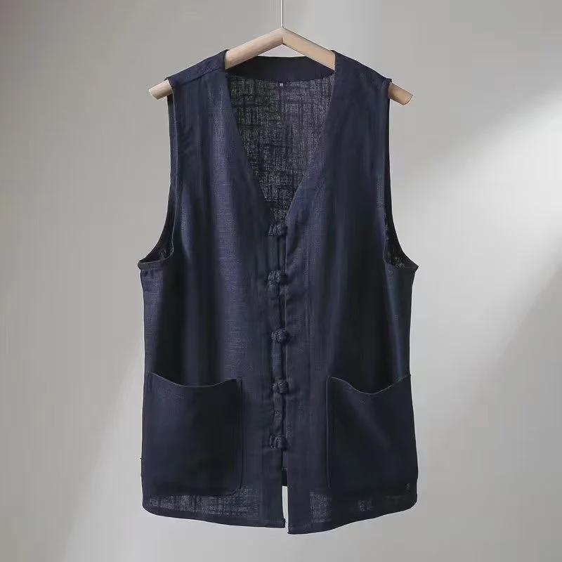 Men's Retro V-Neck Linen Vest - Breathable Summer Style