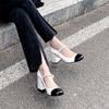 2025 New Pearl Mary Jane Single Shoes Women's Thick Heel Square Head One-word Buckle French High Heels Medium Heel Patent Leather Women's Shoes