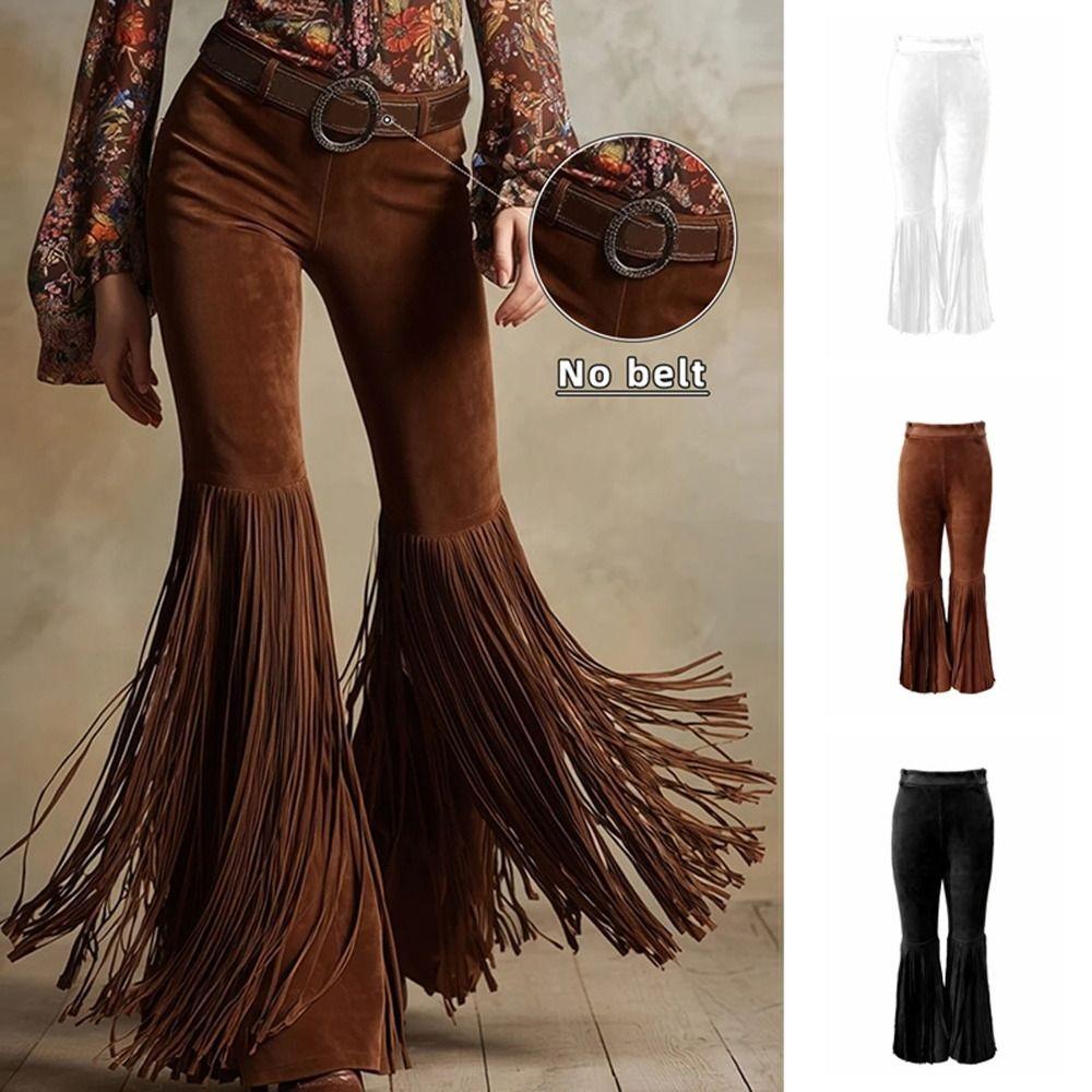 Solid Color Suede Tassel Pants Fringe Hem Slim Fit Flare Pants Retro High Waist Trousers Party