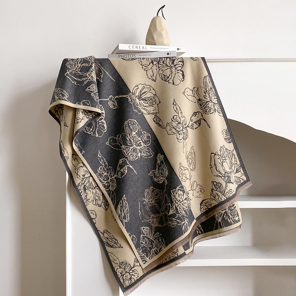 Printed Splicing Flowers Double-sided Imitation Cashmere Scarf Winter High-end Warm Shawl
