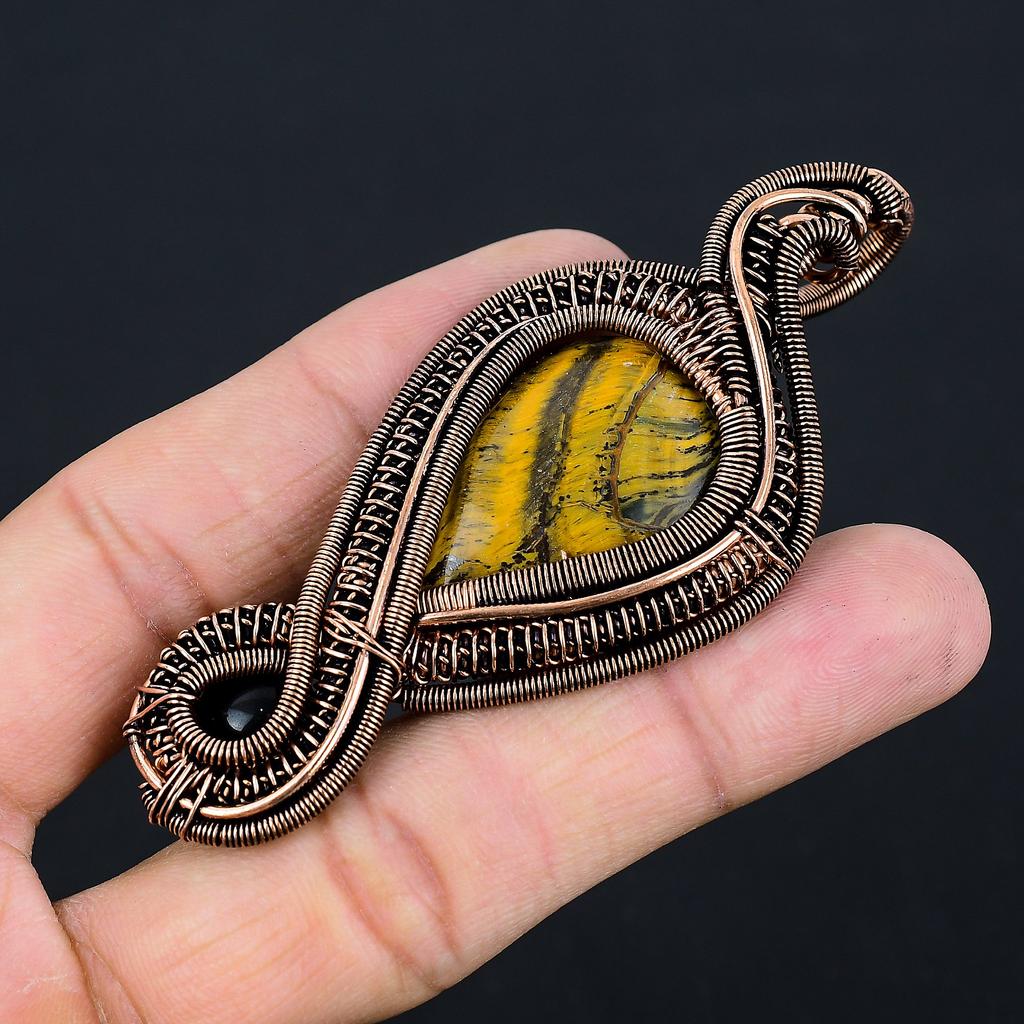 Подвеска из медной проволоки ручной работы с натуральным тигровым глазом, черным ониксом и камнем 3,35 W9d85