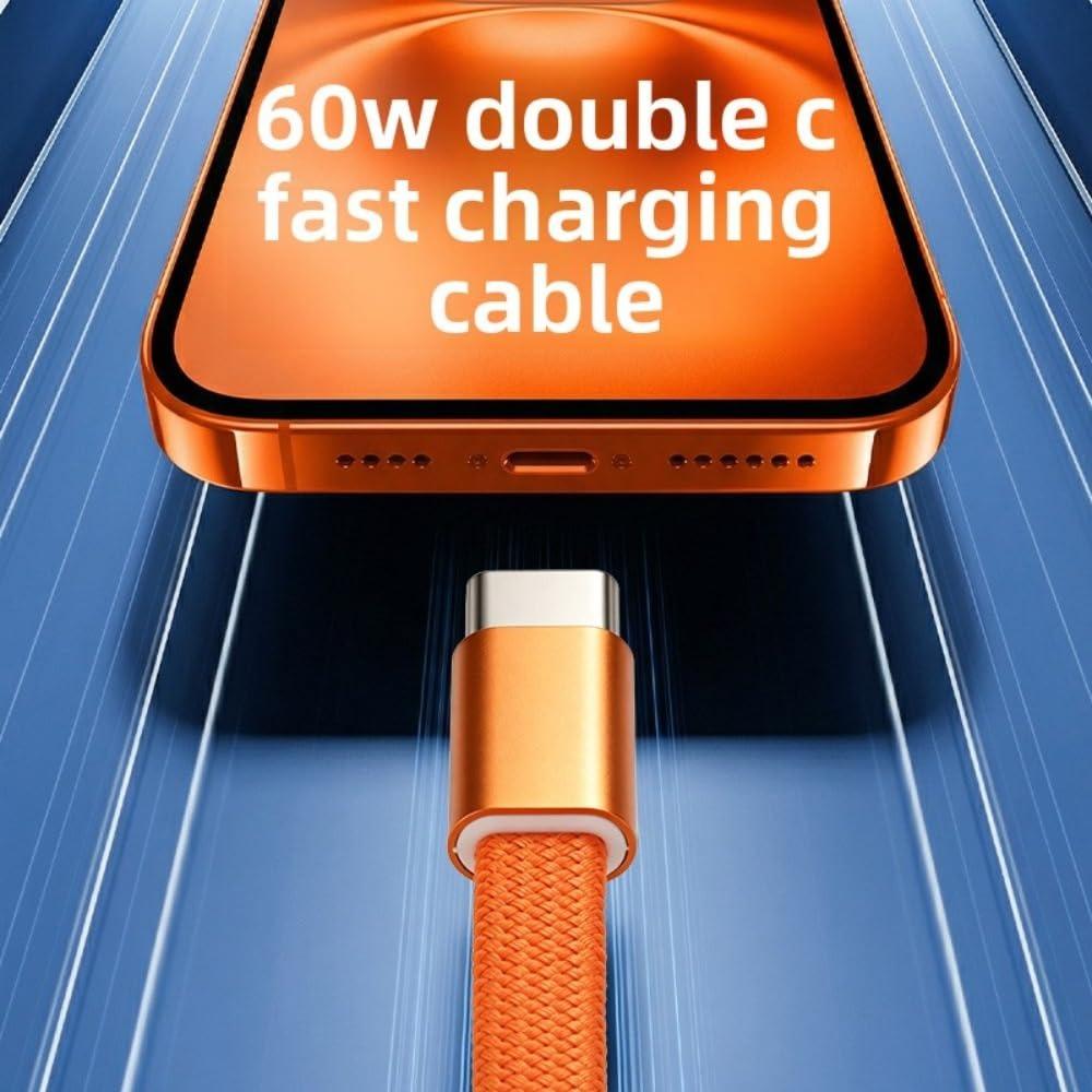 60W USB-C fast charging cable, ultra-thin braided flat cable, durable Type-C charging cable with anti-tangle design (Orange)