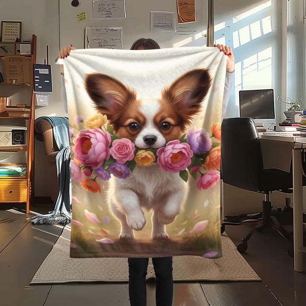1Pc DogsandFlowers Print Flannel Blanket, High quality Comfortable for All Seasons, Home Decor, Warmth and Comfort, Perfect for Christmas Gifts