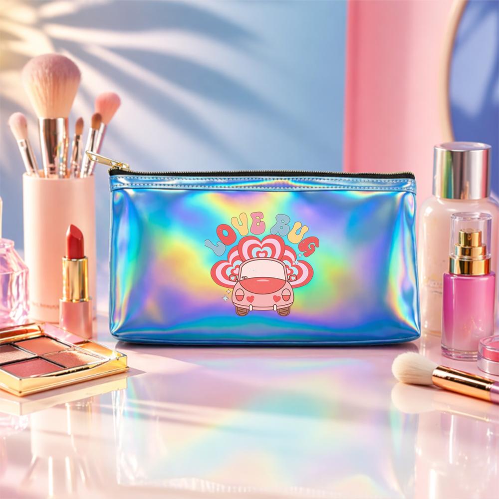 Retro Heart Car Pattern Holographic Laser Cosmetic Makeup Bag,Travel Toiletry Organizer Pouch for Girls Women Holiday Gift