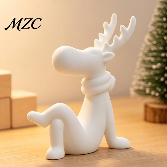 Modern PLA Plastic Sculpture Decor 3D Printed Reindeer Figurine, Cute Sitting Statue with Scarf, Christmas Animal Statues for Home Tabletop Deer Home,