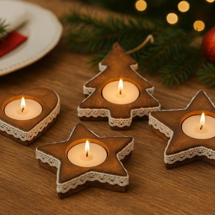 Pack de 4 Bougeoirs en Bois Noël 10cm – Décorations de Table Festives, Formes Aléatoires, Centre de Table Naturel