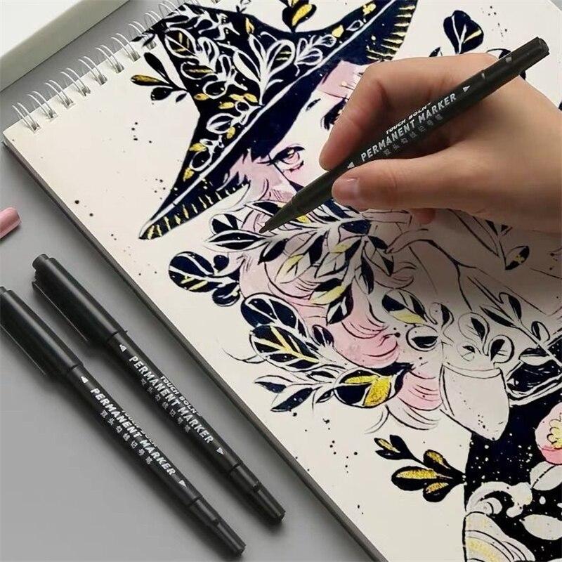 5 Pcs Twin Tip Permanent Marker Pen Fine Point Waterproof Ink Thin Nib Crude Nib Black Ink 0.5mm-1mm Fine Color