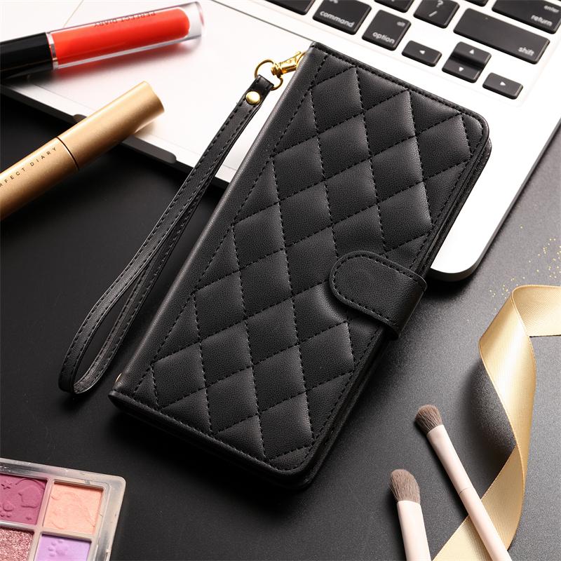 S23 S24 Ultra Checkered Leather Case For Samsung Galaxy S24 S23 S22 S21 S20 FE S10 Note 20 Ultra 10 Plus 9 8 Lanyard Flip Cover
