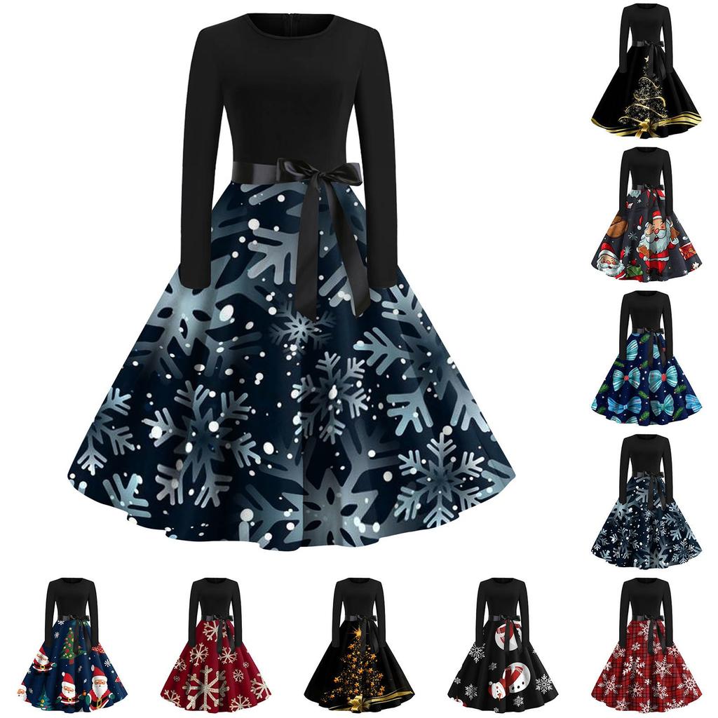 Women's Casual Fashion Round Neck Long Sleeve Christmas Printed Vintage Long Dress