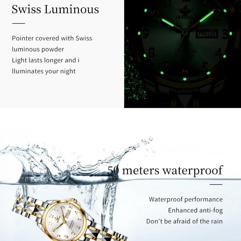 OUPINKE Часы автоматические механические часы стальные модные водонепроницаемые женские часы с двойным календарем женские часы