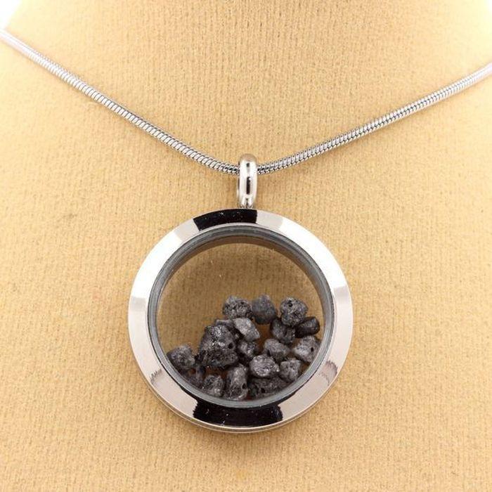 Stones and Minerals. Rough Gray Diamond Necklace. 25 Mm Medallion Model. Color Silver.