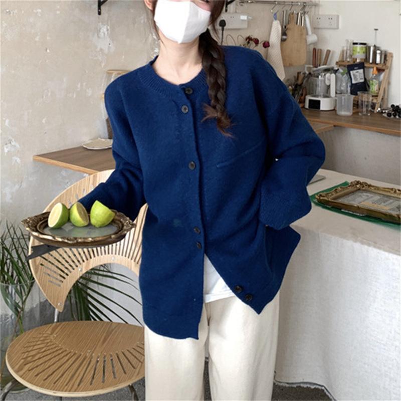 Женский вязаный кардиган с круглым вырезом на осень и зиму, ленивый стиль, большая версия, свободный, однотонный, высококачественное пальто