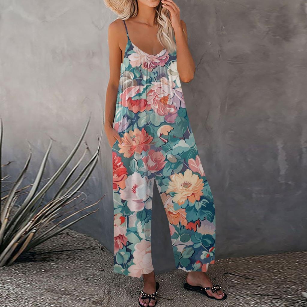 Женский комбинезон с цветочным принтом, повседневный свободный комбинезон с регулируемыми подтяжками