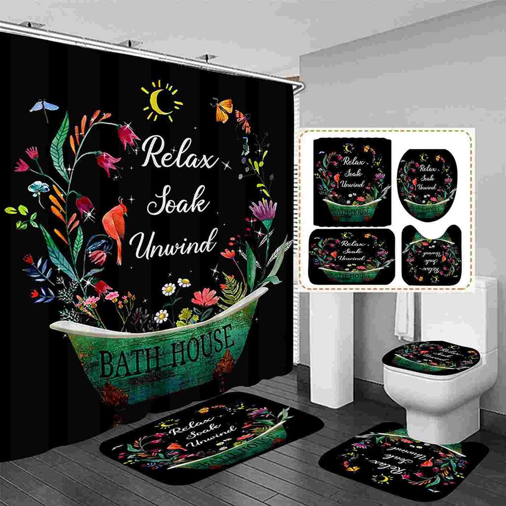 Butterfly Flower Printed Bathroom Shower Curtain Set Waterproof Shower Curtain Anti-Skid Rugs Carpet Toilet Lid Cover Bath Mat