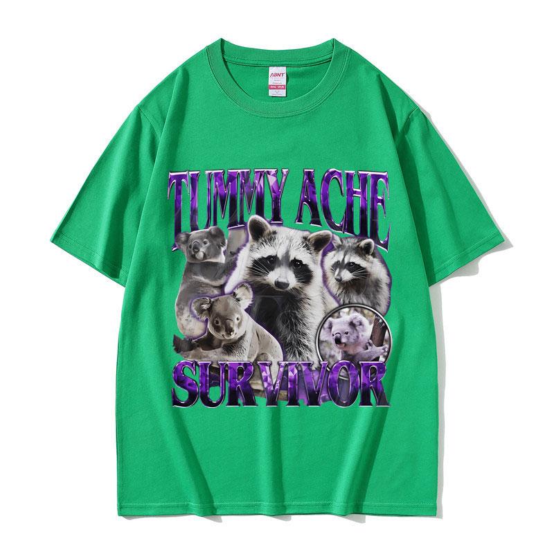 Tummy Ache Survivor Vintage Raccoon Funny Meme Tshirt Unisex Women Casual Cotton Oversized Streetwear Unisex Vintage Short Sleeve