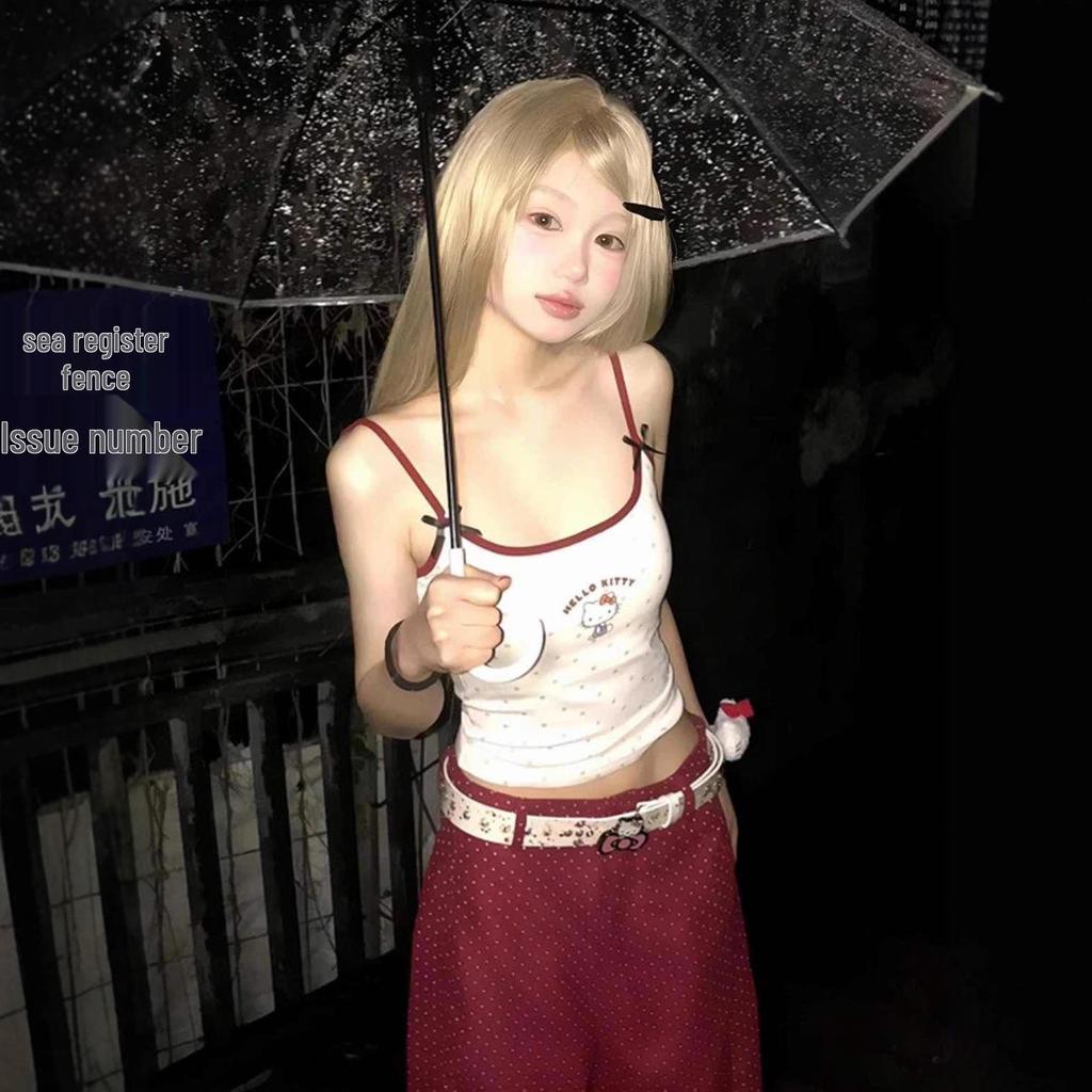 Ретро Корейский Острый Девушка Hello Kitty Майка - Облегающий Летний Жилет с Цветными Блоками