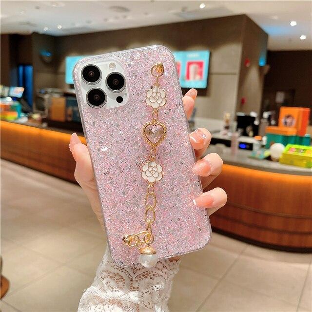 Чехол-браслет с блестками и бриллиантами для iPhone 14 11 12 Pro 13 XR XS Max 7 8 Plus SE/Samsung S22 S21 S20 A12 A22 A32 A52 A13 A23 A53/Redmi 9 9A 9C 9T
