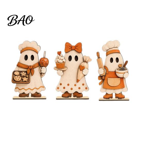Rustic Wooden Ghost Statue 3 Pcs Vintage Tabletop Centerpiece, Chef Block Sign, Decorative Fall Crafts Freestanding Farmhouse Tiered Tray Ornament for