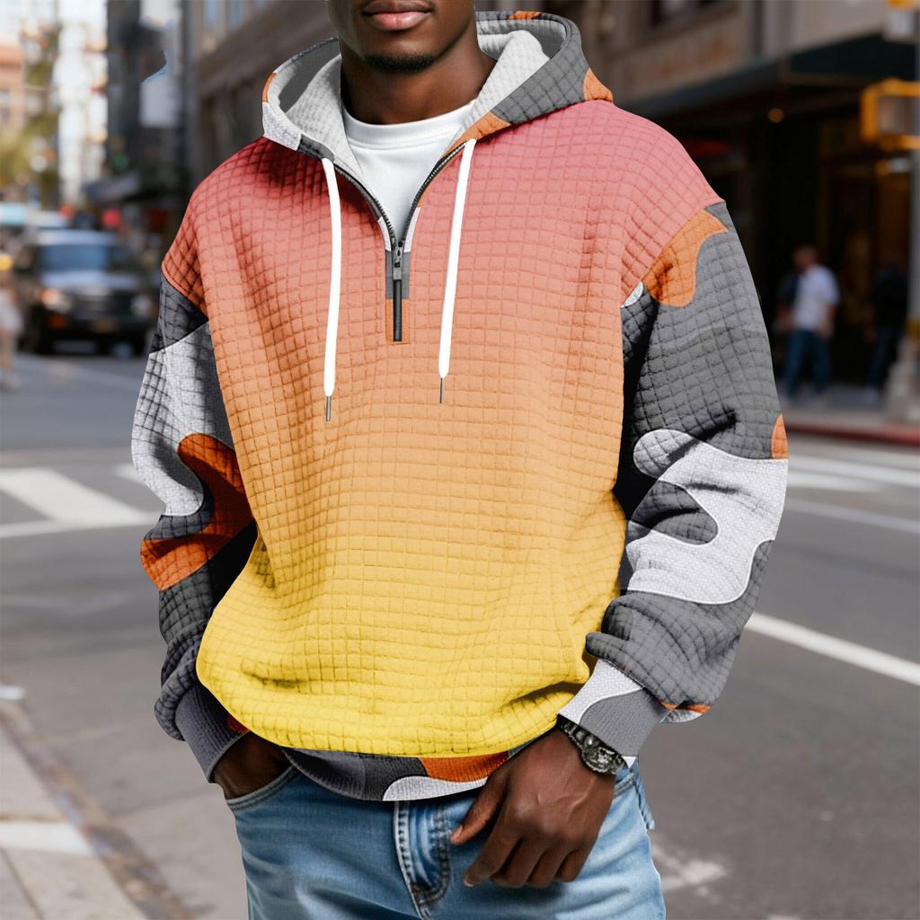 Мужской худи-пуловер в клетку с капюшоном на молнии до середины, со шнурком и принтом, повседневная спортивная толстовка