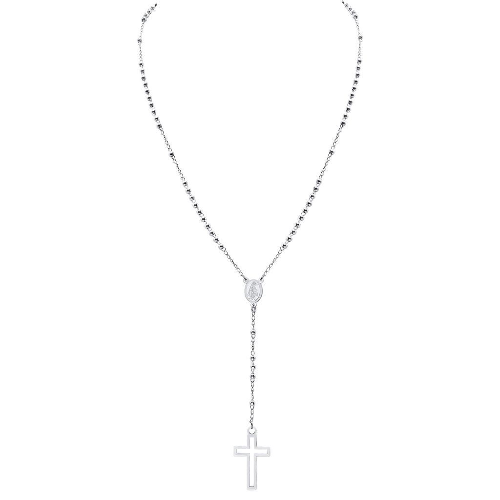 Cross Rosary Necklaces for Women, Virgin Mary Pendant Cruz Necklace, Stainless Steel Christ Jewelry