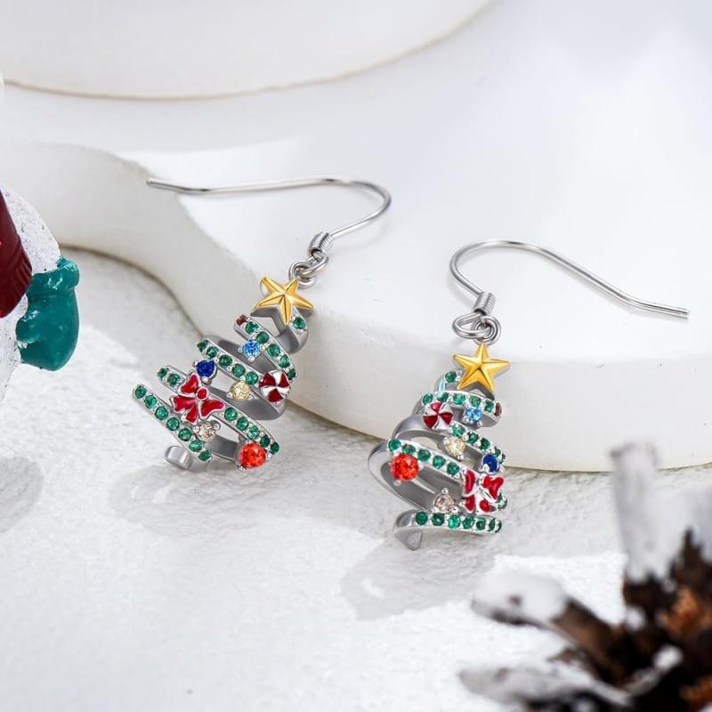 Women Christmas Tree Drop Earrings Multicolor Cubic Zirconia Festive Xmas Holiday Party Jewelry Christmas Gift for Lady earrings