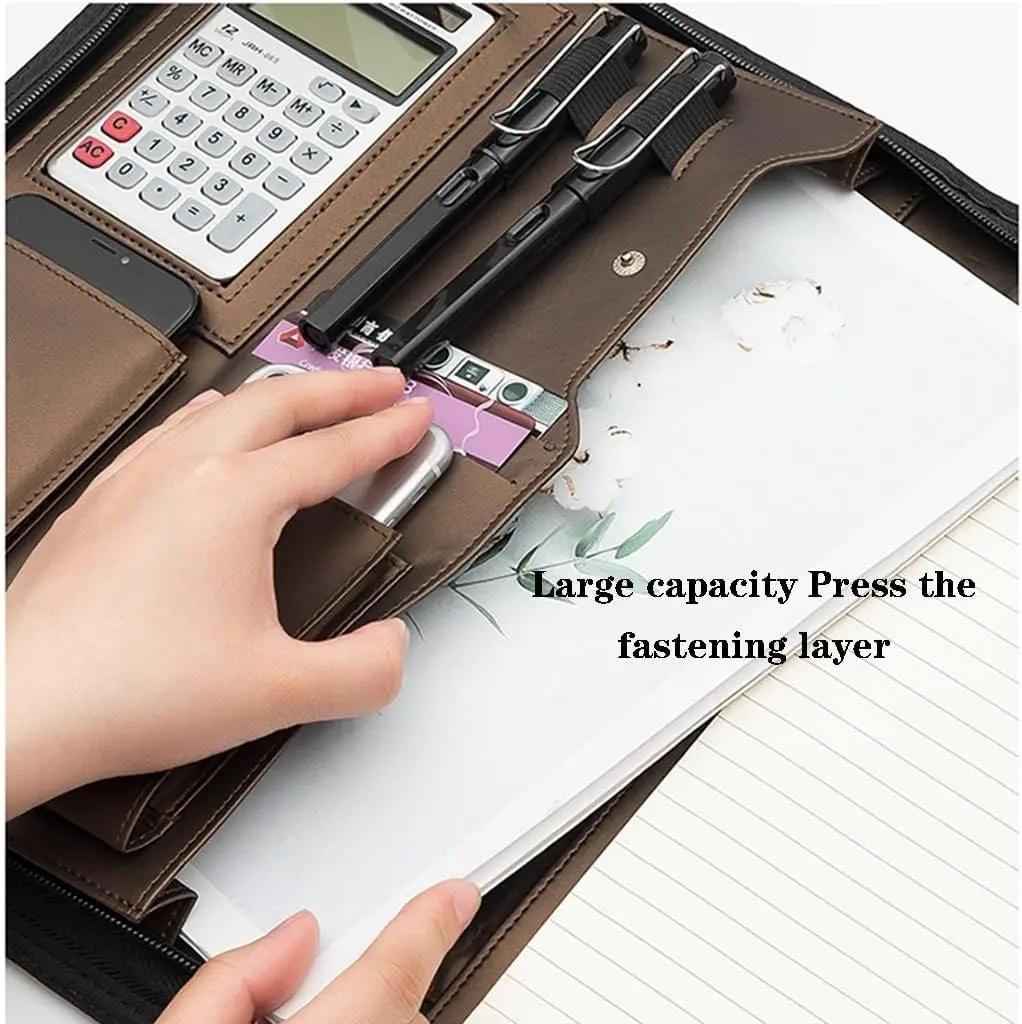 PU Leather Business with Zipper All-in-One Presentation Slot of Portfolio Solar Calculator and Card Storage Writing Pad