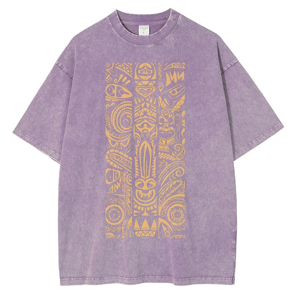 Футболка с принтом в стиле племенной татуировки, летняя, мужская и женская мода, винтажная футболка в стиле варки водой, топ