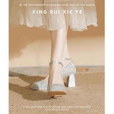 Волшебный ветер пряжка одним словом водонепроницаемый стол мелкий блеск весна новинка туфли-лодочки на высоком каблуке высокий сенс квадратный носок толстый каблук обувь женская